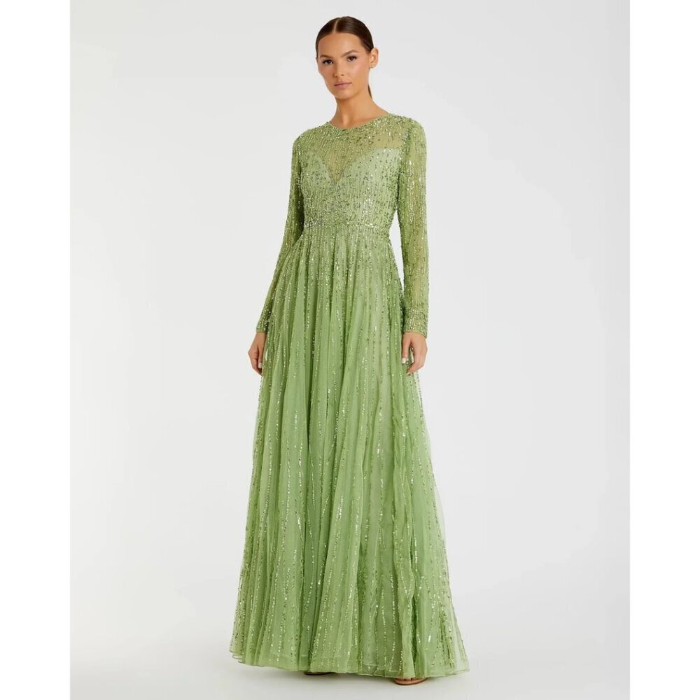 MAC DUGGAL Green Illusion High Neck Long Sleeve Embellished Gown Sage Size US 6